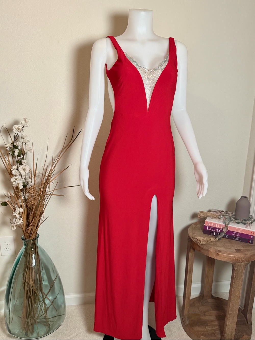 Faux Backless Red Formal Maxi Dress with Rhinestone Accent
